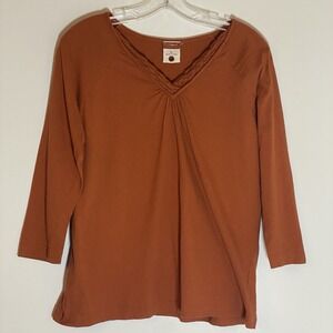 Natalie & Me Top Womens Large Bronze Tunic Crochet V Neck Trim Classy Boho Fun L